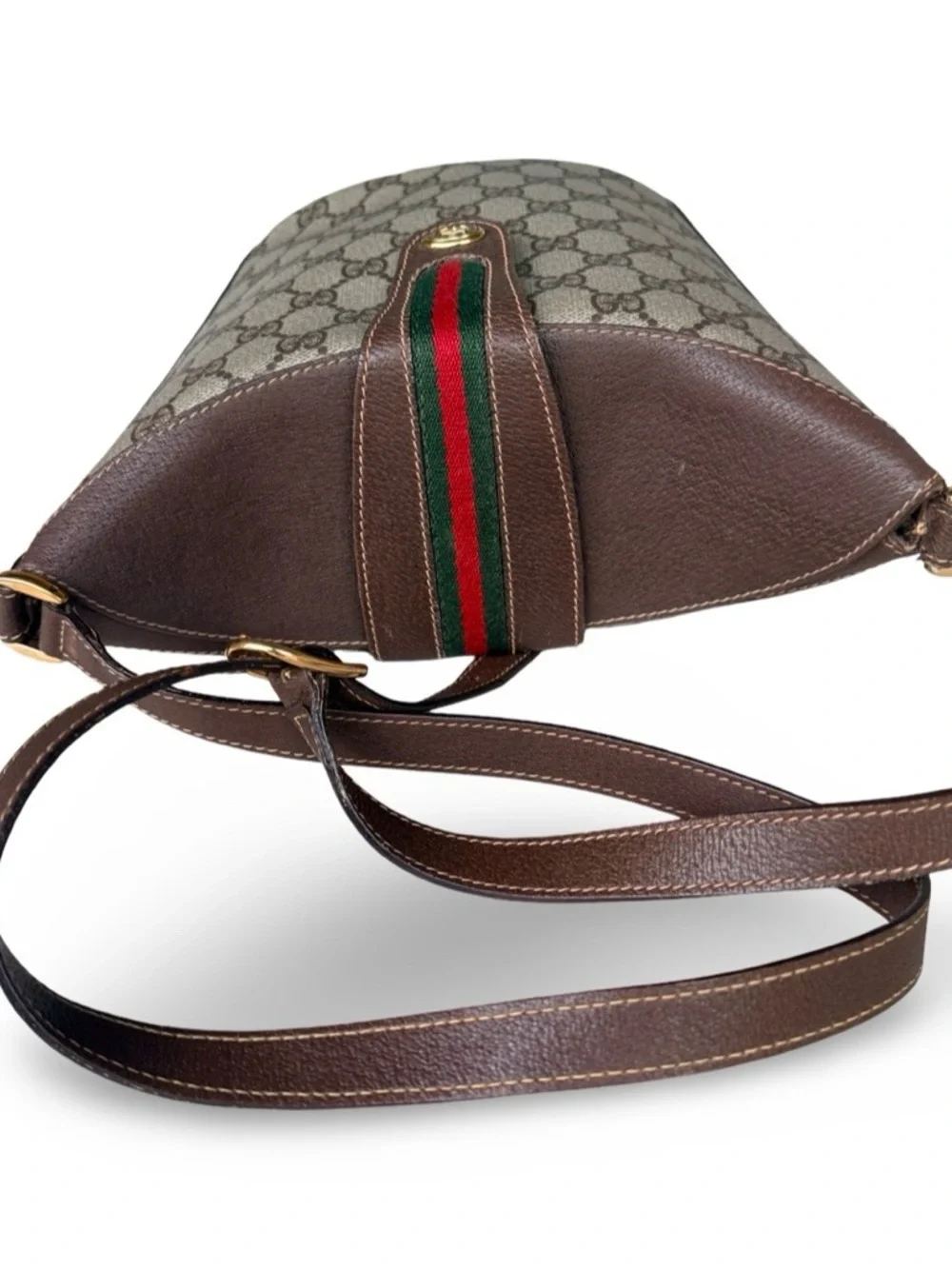 Gucci Brown GG Supreme Sherry Line Shoulder Bag/Bucket Green-Red Web Ophidia - Picture 11 of 14